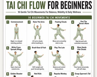 Poster Tai chi-flow voor beginners, tabel met 16 zachte tai chi-bewegingen, gids met oefeningen voor evenwichtsmobiliteit, wellness voor senioren pdf