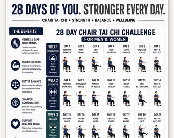 28 Day Chair Tai Chi Challenge for Men Printable, 4 Week Seated Tai Chi Program, Chair Workout for Senior Men, Balance Strength and Mobility