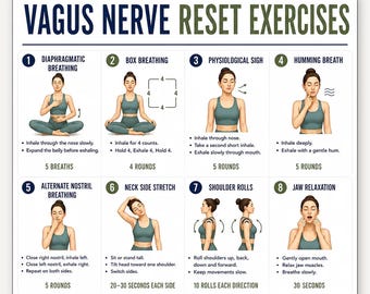 Printbare oefeningen voor het resetten van de nervus vagus, 16 ademhalings- en ontspanningsoefeningen om het zenuwstelsel te kalmeren, wellness-schema, printbaar PDF-bestand