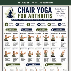 Yoga en silla para la artritis, 28 ejercicios suaves sentados para el dolor y la rigidez articular, tabla de movilidad de manos, rodillas y caderas para personas mayores, PDF imprimible