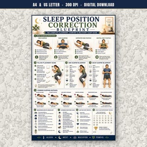 Sleep Position Correction Poster, Printable Better Sleep Alignment Guide, Bedroom Wall Art, Pillow Placement & Posture Chart, A4 US Letter