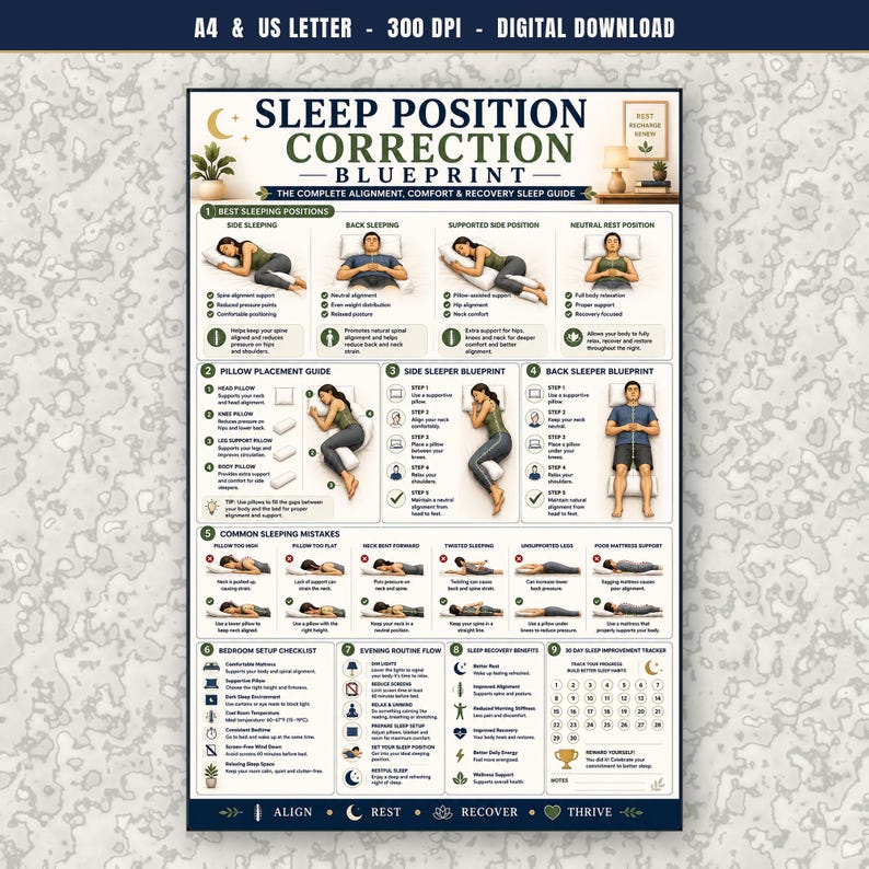 Sleep Position Correction Poster, Printable Better Sleep Alignment Guide, Bedroom Wall Art, Pillow Placement & Posture Chart, A4 US Letter