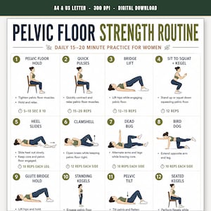 Pode incluir: Um gráfico digital intitulado Pelvic Floor Strength Routine apresentando doze ilustrações numeradas de exercícios. Cada seção inclui um título, texto descritivo e contagem de repetições para a prática diária.