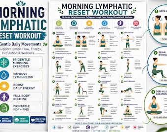 Morgendliches Lymphdrainage-Workout zum Ausdrucken, Poster mit sanften Lymphdrainage-Übungen, Wandbild für tägliches Wohlbefinden und Bewegung, druckbare PDF-Datei