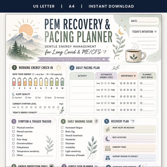 PEM Recovery & Pacing Planner, Long Covid ME CFS Chronic Illness Printable, Crash Prevention Energy Tracker, Spoonie Self Care Download