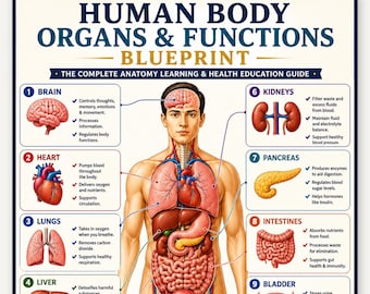 Póster de órganos y funciones del cuerpo humano, tabla de anatomía imprimible, guía de estudio de biología, arte mural de ciencias para la educación en el hogar, aula, A4, A5, tamaño carta estadounidense