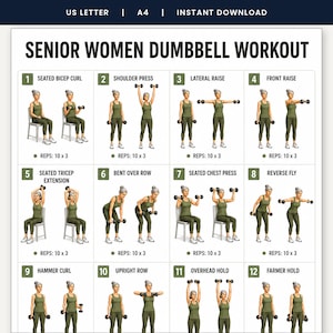 May include: A digital workout chart titled SENIOR WOMEN DUMBBELL WORKOUT featuring twelve numbered exercise illustrations. Each section displays a person in olive green athletic wear performing movements with dumbbells, including reps of 10 x 3.