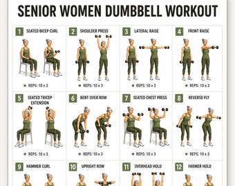 Senior Women Dumbbell Workout 60+ Printable PDF, 16 Strength Training Exercises, Elderly Home Fitness Routine, Senior Exercise Poster Chart