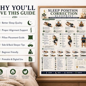 Sleep Position Correction Poster, Printable Better Sleep Alignment Guide, Bedroom Wall Art, Pillow Placement & Posture Chart, A4 US Letter