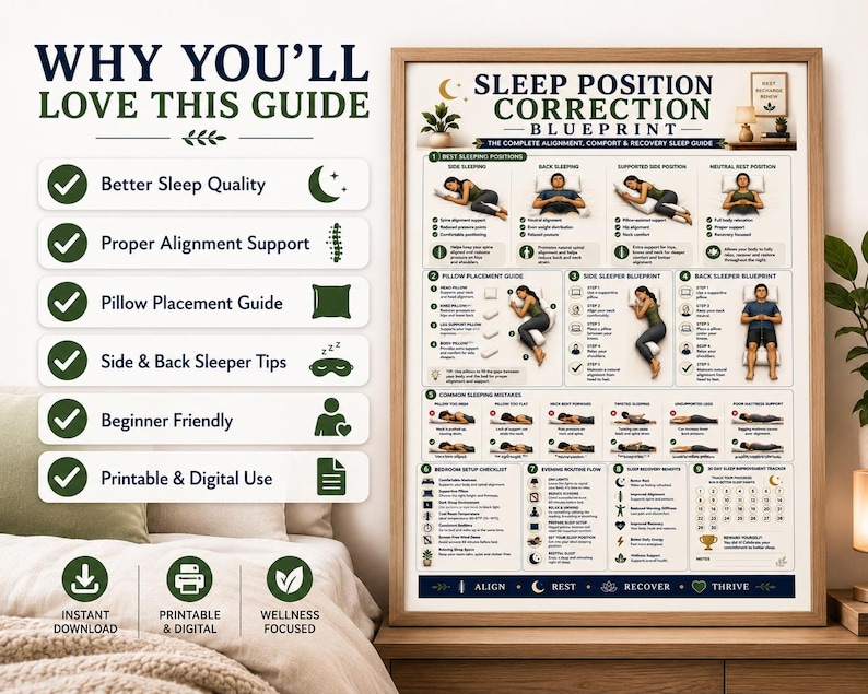 Sleep Position Correction Poster, Printable Better Sleep Alignment Guide, Bedroom Wall Art, Pillow Placement & Posture Chart, A4 US Letter