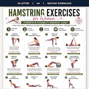 Hamstring Stretch PDF, Hamstring Exercises, Leg Stretching Workout, Lower Body Exercises, Flexibility Poster, Home Fitness Wall Art