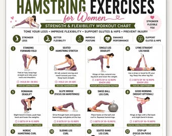 Hamstring Stretch PDF, Hamstring Exercises, Leg Stretching Workout, Lower Body Exercises, Flexibility Poster, Home Fitness Wall Art