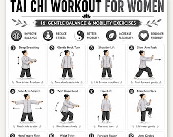 Printable Tai Chi Exercises for Women | Gentle Tai Chi Exercise Chart for Adults | Balance & Flexibility Workout | PDF Digital Download