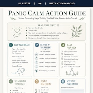 Può includere: Un documento digitale intitolato Panic Calm Action Guide con il sottotitolo Simple Grounding Steps To Help You Feel Safe, Present & In Control. La pagina presenta sei sezioni numerate con istruzioni per la respirazione e il rilassamento.