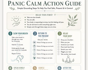 Panic Calm Action Guide, Anxiety Grounding Breathing Printable, Panic Attack Relief Coping Card, Mental Health Calm Down Tool