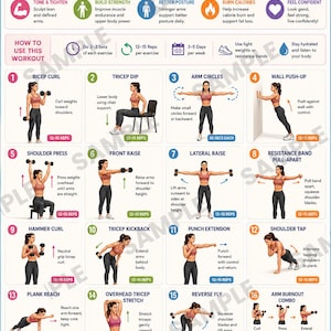 May include: An instructional poster titled ARM FLAB WORKOUT featuring 16 numbered exercise illustrations. It includes text guides for bicep curls, tricep dips, and other movements, along with tips for sets, reps, and frequency to tone and strengthen arms.