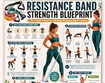 Tabella di allenamento con elastici / 16 esercizi per tutto il corpo con elastici / Schema di allenamento di forza con elastici / Poster PDF per allenamenti a casa