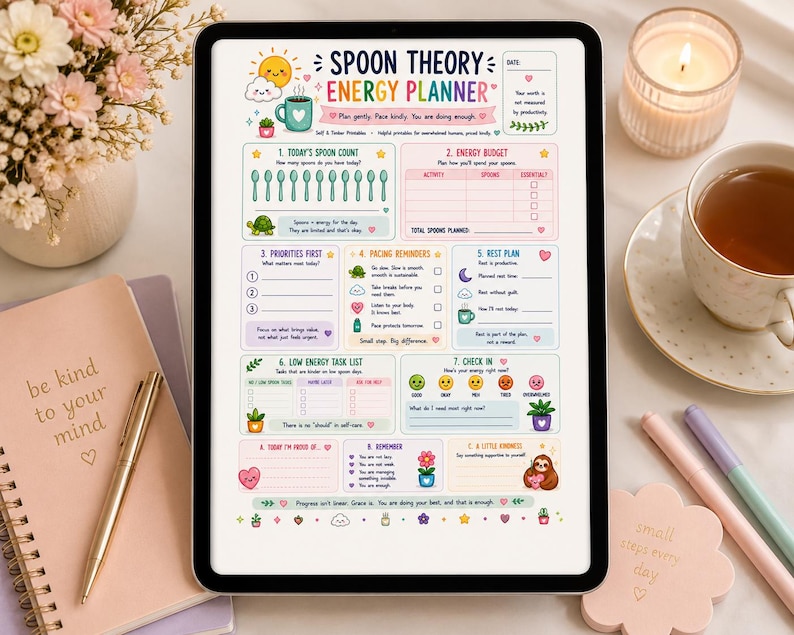 Spoon Theory Energy Planner | Chronic Illness Spoonie Printable | ADHD Fatigue Tracker | Pacing Self Care Planner | Low Spoon Days