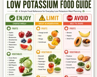 Lista di alimenti a basso contenuto di potassio stampabile / Tabella dietetica per la salute renale in caso di malattia renale cronica / Guida per limitare ed evitare il potassio