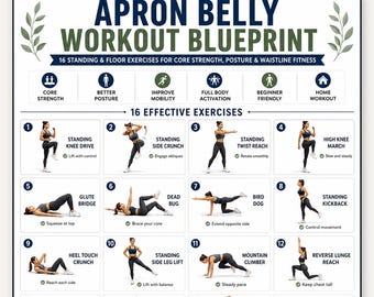 Schürze Belly Workout Druckbare PDF, FUPA & Unterbauch-Übungen für Frauen, 16 Stehende Core Workout-Chart, Home Fitness Wandkunst