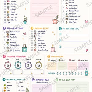 Könnte beinhalten: Ein druckbares Weekend Reset Planner Blatt mit zwölf Abschnitten zur Organisation von Aufgaben, Zielen und Selbstfürsorge. Das Layout enthält Checklisten, Timer und Essensplanungsbereiche mit pastellfarbenen Illustrationen von Pflanzen, Tassen und Herzen.