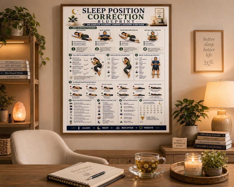 Sleep Position Correction Poster, Printable Better Sleep Alignment Guide, Bedroom Wall Art, Pillow Placement & Posture Chart, A4 US Letter