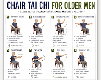 Tai Chi-oefeningen voor senioren (printbaar), 16 zachte zittende bewegingen voor oudere mannen, balans-, mobiliteits- en welzijnsschema (printbaar PDF-bestand)