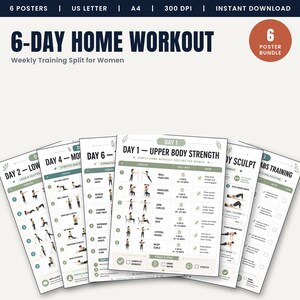 May include: A set of six digital workout posters titled 6-DAY HOME WORKOUT, featuring exercise routines for each day. The posters include illustrations of movements, sets, reps, and notes, formatted for US Letter and A4 sizes at 300 DPI resolution.