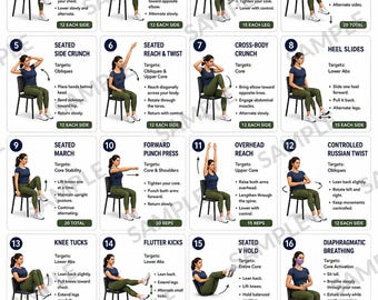 Chair Exercises for Belly Fat, 16 Seated Core Exercises to Strengthen Abs & Support Fat Loss, Printable Low Impact Workout Chart PDF