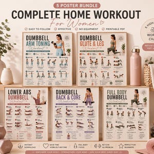 May include: A 5-poster bundle titled Complete Home Workout for Women featuring exercise charts for dumbbell arm toning, glute and leg, lower abs, back and core, and full body workouts. Each poster includes instructional illustrations and text.