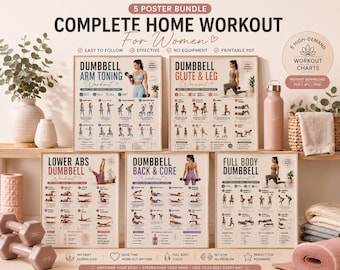 Pacchetto di esercizi con manubri stampabili, poster per allenamento completo del corpo da fare a casa, esercizi per braccia, gambe, glutei, schiena e addominali, set di PDF per il fitness.