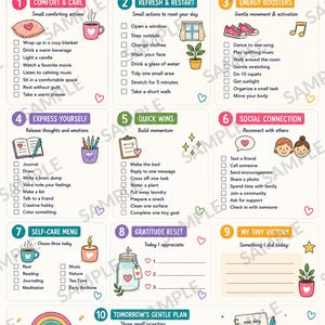 May include: A Mood Boost Menu printable chart featuring ten sections of self-care activities, checklists, and gratitude prompts. The design includes colorful illustrations of books, plants, candles, and a rainbow, with text headers like Comfort & Care.