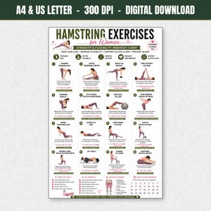 Hamstring Stretch PDF, Hamstring Exercises, Leg Stretching Workout, Lower Body Exercises, Flexibility Poster, Home Fitness Wall Art