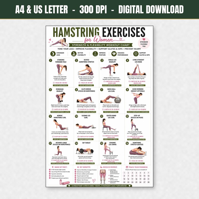 Hamstring Stretch PDF, Hamstring Exercises, Leg Stretching Workout, Lower Body Exercises, Flexibility Poster, Home Fitness Wall Art