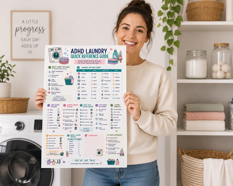 ADHD Laundry Quick Reference Guide | Washer & Dryer Settings Cheat Sheet | Executive Dysfunction Cleaning Printable