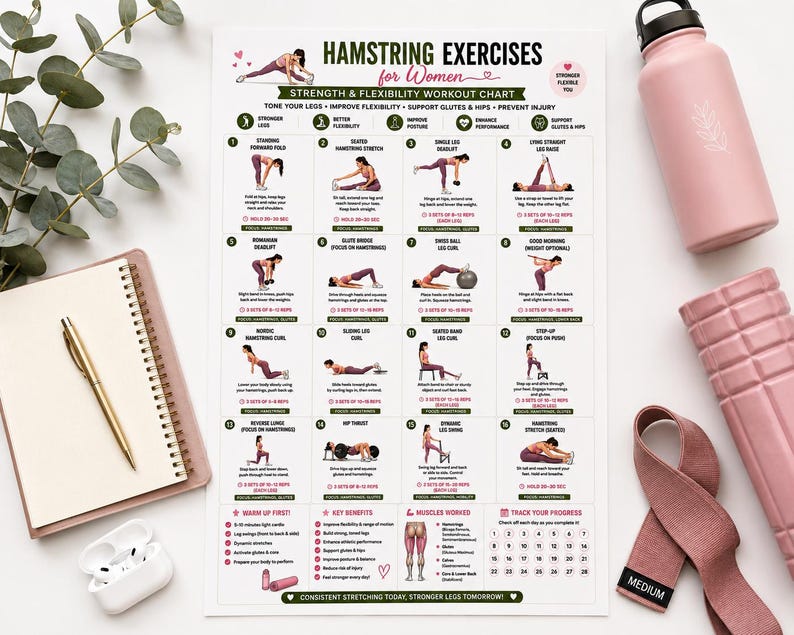 Hamstring Stretch PDF, Hamstring Exercises, Leg Stretching Workout, Lower Body Exercises, Flexibility Poster, Home Fitness Wall Art
