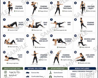 Apron Belly Workout for Women, 16 Standing Core & Waistline Exercises, FUPA And Lower Belly Home Fitness Chart, Printable PDF