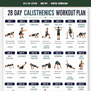 Programme d'entraînement de 28 jours en callisthénie pour hommes, entraînement au poids du corps à domicile, tableau complet de force et d'endurance, PDF imprimable