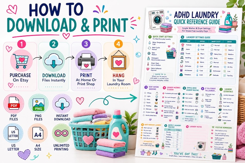 ADHD Laundry Quick Reference Guide | Washer & Dryer Settings Cheat Sheet | Executive Dysfunction Cleaning Printable