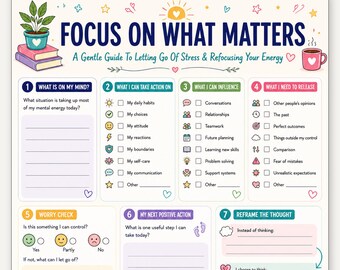 Werkblad Focus op wat belangrijk is, afdrukbaar, Things I Can Control, Angstverlichting Stressbeheersing, psychisch welzijn Mindfulness pdf