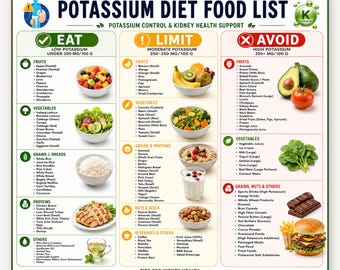 Lista di alimenti per la dieta del potassio stampabile, tabella dietetica per i reni, guida al controllo della carenza di potassio, alimenti da mangiare, limitare ed evitare, PDF sulla dieta renale, oltre 200 alimenti