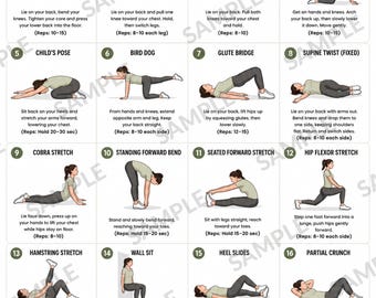 Esercizi per alleviare il mal di schiena lombare / Tabella di 16 semplici esercizi di stretching e mobilità / Esercizi per alleviare il mal di schiena senza attrezzi (stampabile) / Download digitale