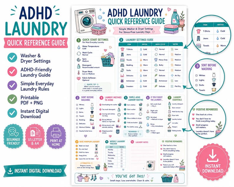 ADHD Laundry Quick Reference Guide | Washer & Dryer Settings Cheat Sheet | Executive Dysfunction Cleaning Printable