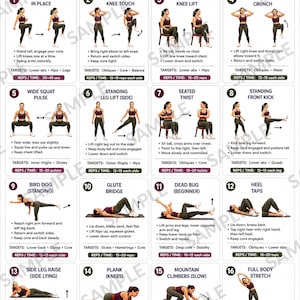 May include: A fitness chart titled Menopause Core & Belly Strength Routine featuring 16 numbered exercise illustrations. Each section includes a title, step-by-step instructions, target muscle groups, and repetition or time counts for a workout.