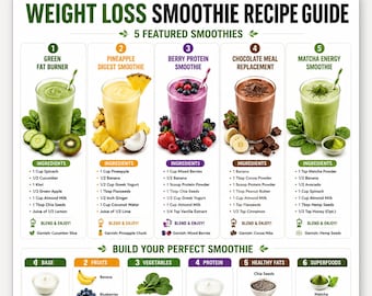 Smoothie recepten om af te vallen, gids met 5 gezonde smoothies inclusief een zelf samen te stellen tabel, groene bessen & eiwitmixen, printbaar PDF-bestand