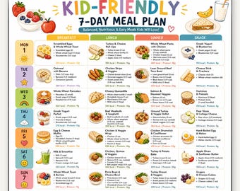 Kids Meal Plan Printable | 7 Day Kid Friendly Weekly Meal Ideas | Family Healthy Eating Planner for Children