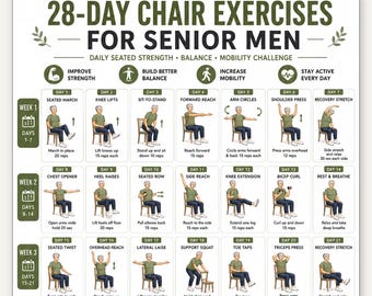 28 Day Chair Exercises for Senior Men Printable PDF, Seated Workout Poster A4 US Letter, 16 Chair Exercises Chart, Elderly Home Fitness