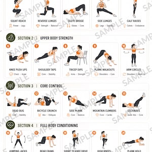 May include: A bodyweight strength guide poster featuring 20 numbered exercise illustrations categorized into lower body power, upper body strength, core control, and full body conditioning, with daily fitness tips and the text Strong Today. Stronger Tomorrow.