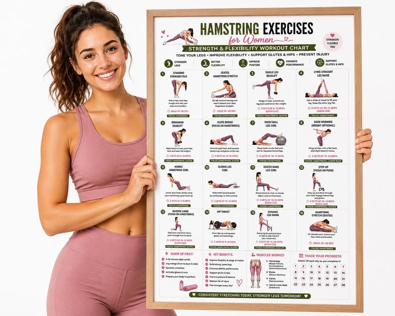 Hamstring Stretch PDF, Hamstring Exercises, Leg Stretching Workout, Lower Body Exercises, Flexibility Poster, Home Fitness Wall Art