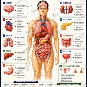 以下が含まれることがあります： Human Body Organs & Functions Blueprintと題された教育用ポスター。中央に人体解剖図が描かれ、その周囲に脳、心臓、肺、肝臓、胃、腎臓、膵臓、腸、膀胱、生殖器系などの臓器を詳述した10の番号付きセクションが配置されています。